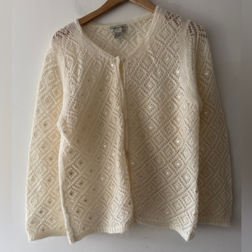 Banana Republic Women's‎ Cream Mohair Wool Blend Sequin Cardigan